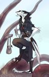  blue_eyes claws clothed clothing dagger digitigrade fully_clothed male melee_weapon outside raesheris sergal solo sword toe_claws weapon 