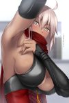  ahoge arm_guards armpits black_bow bow breasts cleavage_cutout commentary_request dark_skin fate/grand_order fate_(series) gachou hair_between_eyes high_collar koha-ace large_breasts long_hair okita_souji_(alter)_(fate) okita_souji_(fate)_(all) red_scarf scarf tassel tied_hair white_eyes white_hair 