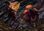  ambiguous_gender armor beetle blonde_hair brave_(armor) bug claws daji_yaozi dark_clouds deviljho dragon flying from_behind full_armor fur glowing glowing_eyes highres holding holding_weapon horns insect insect_glaive jaw jumping long_hair monkey monster monster_hunter monster_hunter_4 open_mouth polearm rajang red_eyes sharp_teeth tail teeth tyrannosaurus_rex walking weapon wyvern 