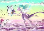  ai2 ai_(pokemon) alternate_color blue_eyes butterfree child cityscape dress floating gen_1_pokemon green_hair highres mewtwo pokemon pokemon_(anime) pokemon_(classic_anime) pokemon_(creature) pokemon_m01 shiny_pokemon sunrise wataametulip white_dress 