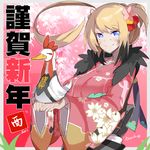  2017 ahoge animal animal_on_hand aosora_kamiya artist_name bangs bird blonde_hair blue_eyes breasts cherry_blossoms chinese_zodiac closed_mouth duck eyebrows_visible_through_hair facepaint floral_background floral_print happy_new_year highres holding holding_animal japanese_clothes jitome kimono large_breasts looking_at_viewer new_year original pink_kimono signature smile solo upper_body year_of_the_rooster 