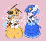  2girls :d android antennae blue_dress blue_eyes closed_mouth dress elbow_gloves eyeshadow gloves helmet honey_woman makeup multiple_girls open_mouth rockman rockman_(classic) rockman_9 smile splash_woman tiara togeshiro_azami wings yellow_dress 