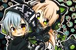  2girls 7:08 aek-999_(girls_frontline) bangs black_jacket blonde_hair blush bow cat_ear_headphones cat_tail chibi eyebrows_visible_through_hair girls_frontline green_eyes grin gun hair_between_eyes headphones headphones_around_neck hood jacket long_hair looking_at_viewer multiple_girls shell_casing silver_hair smile steyr_tmp submachine_gun tail tmp_(girls_frontline) weapon yellow_eyes 