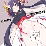  aosora_kamiya bangs blunt_bangs borrowed_character bottomless breasts censored character_censor closed_mouth dutch_angle expressionless eyebrows_visible_through_hair green_eyes grey_background happy_birthday highres hips horn horns large_breasts long_hair looking_at_viewer low_twintails navel novelty_censor oni_horns original pointy_ears purple_hair solo thick_eyebrows thighs torn_clothes twintails two-tone_background white_background 