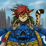  2017 armor clothing feline felinid female fur green_eyes hair helmet heresy_(artist) human humanoid hybrid machine male mammal orange_fur power_armor red_hair ruins scar stripes_(marking) tiger warhammer_(franchise) white_fur 