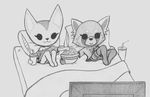  :3 aggressive_retsuko anthro bed beverage canine clothing cute duo eyelashes female fennec food fox greyscale lokerobster mammal monochrome off_shoulder pillow popcorn red_panda sanrio smile soda television traditional_media_(artwork) zelda_(aggressive_retsuko) 