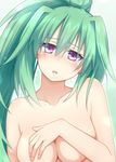  blush breasts cleavage collarbone doria_(5073726) embarrassed green_hair green_heart hand_on_own_chest large_breasts long_hair looking_at_viewer neptune_(series) nude open_mouth ponytail purple_eyes shin_jigen_game_neptune_vii upper_body 