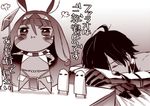  1girl :i ahoge anbe blush bracelet chibi closed_eyes comic dark_skin egyptian_clothes facial_mark fate/grand_order fate/prototype fate/prototype:_fragments_of_blue_and_silver fate_(series) hairband jewelry long_hair medjed monochrome nitocris_(fate/grand_order) ozymandias_(fate) sleeping translated two-tone_hairband 