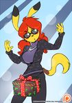  2017 4_fingers anthro breasts chu_(duckdraw) clothed clothing dick_in_a_box dickgirl duckdraw eyewear fur gift hair intersex jewelry necklace nintendo open_mouth orange_hair patreon pigtails pikachu pok&eacute;mon ring solo sunglasses video_games yellow_fur 