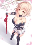  bad_id bad_perspective bad_pixiv_id bare_shoulders black_legwear blonde_hair blurry breasts cherry_blossoms cleavage closed_mouth collarbone detached_sleeves garter_belt highres petals pleated_skirt red_eyes shiro_usagi short_hair skirt solo strapless strea sword sword_art_online weapon white_skirt 