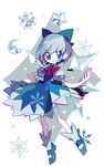  amakusa_(hidorozoa) blue_dress blue_eyes blue_hair cirno crescent dress full_body grin hair_ribbon ice ice_wings looking_at_viewer mary_janes moon puffy_sleeves ribbon shoes short_hair short_sleeves smile snowflakes socks solo sparkle sun touhou upskirt white_background wings 