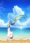  bad_id bad_pixiv_id barefoot blue_bow blue_sky bow closed_mouth cloud day dress full_body green_hair hat hat_bow hat_removed hatsune_miku headwear_removed holding holding_hat horizon long_hair ocean outdoors sky solo sundress twintails very_long_hair vocaloid walking waves white_dress xiaosan_ye 