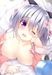  animal_ears bare_shoulders blush bow breasts hair_bow hair_ribbon large_breasts long_sleeves no_bra one_eye_closed ooji_cha open_mouth original oziko_(ooji_cha) pink_bow pink_eyes pink_ribbon ribbon silver_hair 