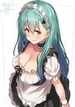  alternate_costume apron aqua_eyes aqua_hair bangs black_dress black_ribbon blush breasts choker cleavage collarbone dress enmaided eyebrows_visible_through_hair frilled_choker frills from_above green_eyes green_hair grin hair_ornament hairclip isshiki_(ffmania7) kantai_collection large_breasts long_hair looking_at_viewer looking_up maid maid_apron maid_headdress nose_blush puffy_short_sleeves puffy_sleeves ribbon short_sleeves signature simple_background sketch smile solo suzuya_(kantai_collection) twitter_username upper_body waist_apron white_apron white_background wrist_cuffs wristband 