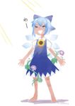  artist_name barefoot blue_dress blue_hair cirno closed_eyes dress flower full_body hair_ribbon hidden_star_in_four_seasons ice ice_wings mogamiya_honu plant puffy_sleeves ribbon short_hair short_sleeves simple_background smile solo sunflower tan tanned_cirno text_focus touhou vines white_background wings 