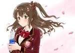  absurdres blazer blush bottle bow brown_eyes brown_hair cherry_blossoms hair_bow highres idolmaster idolmaster_cinderella_girls idolmaster_cinderella_girls_starlight_stage jacket long_hair love_letter_(idolmaster) one_side_up pocari_sweat school_uniform shimamura_uzuki solo takuji_yuusaku water_bottle 