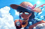  alternate_costume aviator_sunglasses blue_hair blue_shirt blue_sky brand_name_imitation cirno cloud cloudy_sky day drinking drinking_straw flower hat hidden_star_in_four_seasons highres hijiwryyyyy ice ice_wings logo logo_parody outdoors shirt short_hair sky solo sparkle star_sapphire starbucks sun_hat sunflower sunglasses tan tanned_cirno touhou upper_body wings 