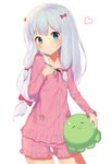  absurdres akamizuki_(akmzk) blue_eyes blush bow collarbone eromanga_sensei highres izumi_sagiri long_hair long_sleeves pink_bow pink_shirt pink_shorts shirt shorts silver_hair simple_background solo stuffed_animal stuffed_toy stylus white_background 