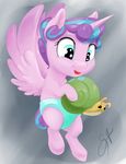  2017 diaper english_text equine feathered_wings feathers female feral flurry_heart_(mlp) friendship_is_magic hair horn mammal multicolored_hair my_little_pony open_mouth silfoe smile solo spread_wings text toy winged_unicorn wings young 