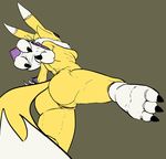  anthro armwear breasts bridal_gauntlets butt canine clothing digimon digital_drawing_(artwork) digital_media_(artwork) female fox fur gregzhel mammal mostly_nude pussy renamon side_boob solo white_fur yellow_fur 