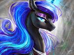  2017 abstract_background begasuslu blue_eyes blue_hair cosmic_hair equine female feral friendship_is_magic glowing glowing_eyes hair horn jewelry looking_at_viewer mammal my_little_pony necklace nightmare_moon_(mlp) portrait slit_pupils solo unicorn 