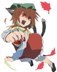  animal_ears bad_id bad_pixiv_id banned_artist bow brown_hair cat_ears cat_tail chen fangs fingernails full_body hat highres leaf long_fingernails long_sleeves looking_away maple_leaf mary_janes mob_cap multiple_tails nail_polish open_mouth red_eyes shirt shoes short_hair simple_background skirt slit_pupils socks solo tail touhou turtleneck twiggytom vest white_background 