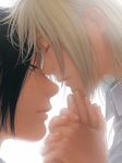  black_hair blonde_hair christa_renz close-up closed_eyes eyelashes face fingernails forehead-to-forehead freckles hands highres holding_hands lips md5_mismatch multiple_girls parted_lips profile shingeki_no_kyojin tobii_(tbtbi) white_background ymir_(shingeki_no_kyojin) 