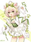  animal_ears blush cat cat_ears cat_tail dated flower_knight_girl green_eyes hair_ribbon hakobera_(flower_knight_girl) highres kemonomimi_mode paw_pose platinum_blonde_hair ribbon shiodome_oji short_hair solo tail 