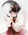  ascot black_hair brown_hair detached_sleeves gohei gradient gradient_background hair_ribbon hair_tubes hakurei_reimu japanese_clothes long_sleeves looking_at_viewer nontraditional_miko ofuda ribbon shihou_(g-o-s) shirt skirt skirt_set smile solo touhou wide_sleeves 