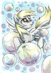  2017 adlynh blonde_hair bubble derpy_hooves_(mlp) equine feathered_wings feathers female feral flying friendship_is_magic grey_feathers hair mammal my_little_pony pegasus solo spread_wings wings 