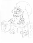  2017 anthro barefoot bracelet clothing ear_piercing female flat_chested fluffy fluffy_tail haley_maruti jewelry mammal monochrome pants piercing pigtails rodent shirt simple_background sketch smile solo speaker squirrel table turntable_(record_player) wolfkidd young 