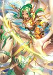  amiti aoji_(aoji-web) armor belt breastplate brown_eyes cape elbow_gloves elincia_ridell_crimea feathers fire_emblem fire_emblem:_souen_no_kiseki fire_emblem_cipher gloves green_hair hair_bun hair_up highres holding holding_weapon horseback_riding looking_at_viewer official_art open_mouth outdoors pauldrons pegasus pegasus_knight riding scan solo sword tiara weapon wings 