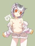  1girl :&lt; female kemono_friends megtamine navel nipples northern_white-faced_owl_(kemono_friends) off_shoulder ribs small_breasts solo 