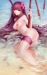  breasts brown_hair derivative_work fate/grand_order fate_(series) flower hair_flower hair_ornament haohe_buguo hibiscus highres long_hair looking_at_viewer medium_breasts navel nipples nude partially_submerged pussy red_eyes sarong scathach_(fate)_(all) scathach_(swimsuit_assassin)_(fate) smile solo sword uncensored water weapon wet 