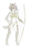  4_toes 5_fingers anthro barefoot bow_(weapon) canine clothed clothing digitigrade female foxmode holding_object holding_weapon longbow mammal navel ranged_weapon simple_background solo standing toes weapon white_background yellow_eyes 