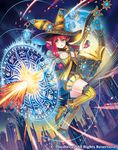  book boots cardfight!!_vanguard company_name hat holy_mage_lavinia lamp long_hair low_twintails madopen magic_circle moon night night_sky official_art open_mouth pointy_ears red_hair sky solo sparkle thighhighs twintails 