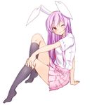  ;) animal_ears black_legwear breasts bunny_ears closed_mouth commentary_request from_side full_body highres invisible_chair lavender_hair long_hair looking_to_the_side medium_breasts miniskirt necktie one_eye_closed pink_skirt pleated_skirt red_eyes red_neckwear reisen_udongein_inaba shirt short_sleeves sitting skirt smile socks solo touhou white_shirt yukina_(masyumaro610) 