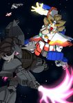  beam_saber campo_flicker_(kemono_friends) commentary_request energy_gun g_gundam gelgoog gundam highres japanese_crested_ibis_(kemono_friends) kemono_friends koutarou_(plusdrive) lion_(kemono_friends) mecha moose_(kemono_friends) robot science_fiction shining_finger shining_gundam space variable_fighter weapon 