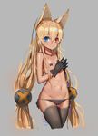  absurdres animal_ears black_gloves black_legwear black_panties blue_eyes blush breasts cameltoe dark_skin g41_(girls_frontline) girls_frontline gloves grey_background heterochromia highres long_hair looking_at_viewer low_twintails navel panties pasties red_eyes simple_background sk_tori small_breasts solo star_pasties thighhighs topless twintails underwear very_long_hair 