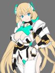  alternate_costume angela_balzac blonde_hair blue_eyes breasts cleavage cleavage_cutout covered_navel grey_background hand_on_hip headgear large_breasts leotard long_hair low_twintails oz_(gerbera7) rakuen_tsuihou simple_background sketch smile solo thighhighs twintails very_long_hair white_legwear 