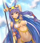  animal_ears arm_up armpits blue_sky cloud cloudy_sky dark_skin day dutch_angle fake_animal_ears fate/grand_order fate_(series) hair_ornament hairband jackal_ears kaguyuzu lens_flare light_particles loincloth long_hair navel nitocris_(fate/grand_order) outdoors pelvic_curtain polearm purple_eyes purple_hair sidelocks sky smile solo sunlight tattoo very_long_hair weapon 