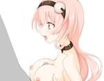  1girl bad_anatomy blush breasts collarbone compa hair_ornament hairband hand_on_own_chest hetero large_breasts long_hair looking_at_another masturbation neptune_(series) nipples niwaka_potato open_mouth orange_hair paizuri penis red_eyes sex shin_jigen_game_neptune_vii shiny shiny_hair shiny_skin simple_background upper_body white_background 