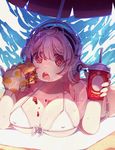  bad_id bad_pixiv_id bikini blush breasts cleavage commentary_request cup disposable_cup drinking_straw eating food hamburger headphones highres holding large_breasts long_hair looking_at_viewer nitroplus open_mouth parasol pink_hair red_eyes ringed_eyes solo starry_shizen super_sonico swimsuit umbrella 