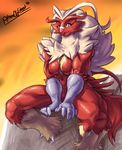  2015 anthro anthrofied avian bird blaziken blue_eyes breasts chest_tuft claws featureless_breasts female gradient_background hi_res muscular muscular_female navel nintendo nude pltnm06ghost pok&eacute;mon pok&eacute;morph signature simple_background solo thick_thighs tuft video_games 