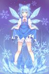  :d bloomers blue_dress blue_eyes blue_hair blush bow cirno dress dress_lift eclair_(ekreatan) full_body hair_bow ice ice_wings looking_at_viewer open_mouth puffy_short_sleeves puffy_sleeves red_ribbon ribbon short_hair short_sleeves smile snowflakes socks solo teeth touhou underwear wings 