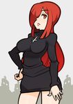  breasts cross cross_necklace hair_over_one_eye jewelry large_breasts long_hair necklace parasoul_(skullgirls) red_hair skullgirls solo splashbrush yellow_eyes 