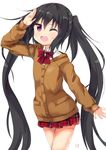  absurdres amano_kouki black_hair cardigan error highres long_hair looking_at_viewer note-chan one_eye_closed open_mouth original purple_eyes revision salute school_uniform simple_background smile solo twintails very_long_hair white_background 