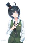  adapted_costume ahoge alternate_costume black_hair blue_eyes emia_wang formal green_pants hat head_tilt kantai_collection matsukaze_(kantai_collection) mini_hat mini_top_hat pant_suit pants short_hair simple_background smile solo suit top_hat upper_body vest white_background 