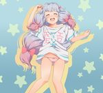  adrenaline!!! blush bow closed_eyes clothes_writing commentary_request eromanga_sensei hadome hair_bow highres izumi_sagiri long_hair open_mouth panties pink_bow revision silver_hair smile solo star underwear 
