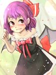  alternate_costume arm_behind_back bat_wings black_dress blush bow collarbone dress dutch_angle full-face_blush grin hair_ribbon highres looking_to_the_side permanentlow petals purple_hair red_eyes remilia_scarlet ribbon short_hair sleeveless smile solo touhou wings 